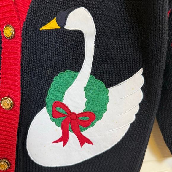 Sharon Young Vintage Holiday Cardigan Sweater Swan Poinsettia Ornament Black Red - Picture 4 of 10